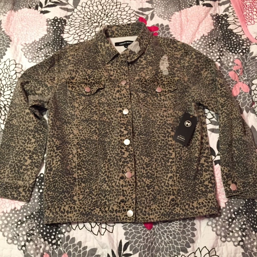 NWT Ashley Mason Distressed Leopard Print Jacket medium black tan animal - Picture 2 of 7
